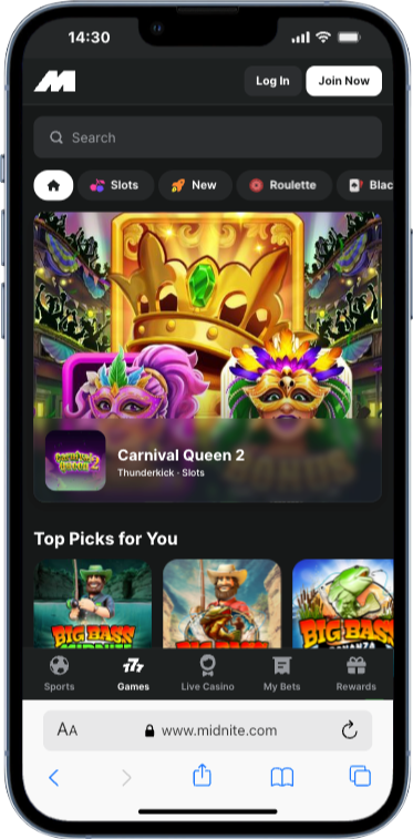 Midnite Casino in the UK on mobile